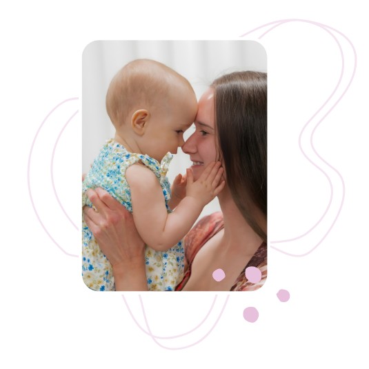 Mother holding a baby close, touching foreheads, with soft pastel abstract line art in the background.